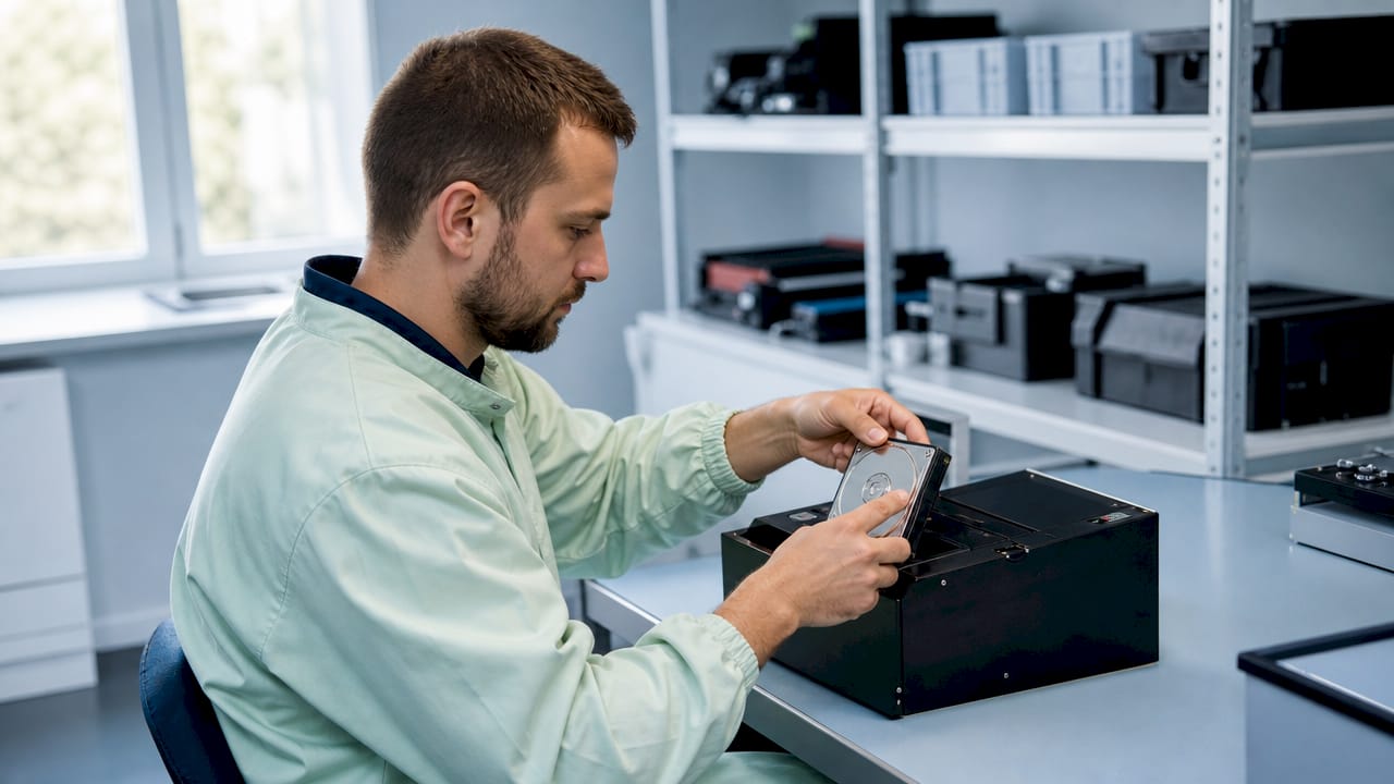 Tehničar umeće tvrdi disk u uređaj za razmagnetiziranje.