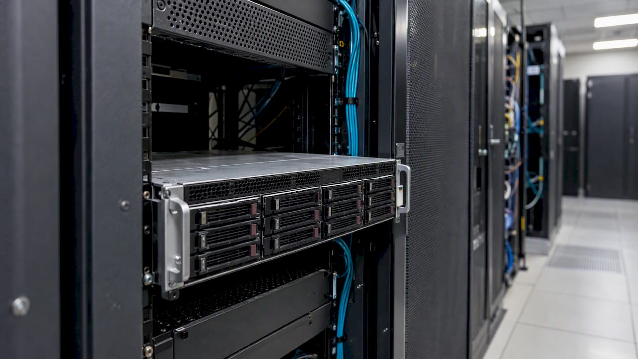 Server u racku bez upaljenih indikatorskih lampica